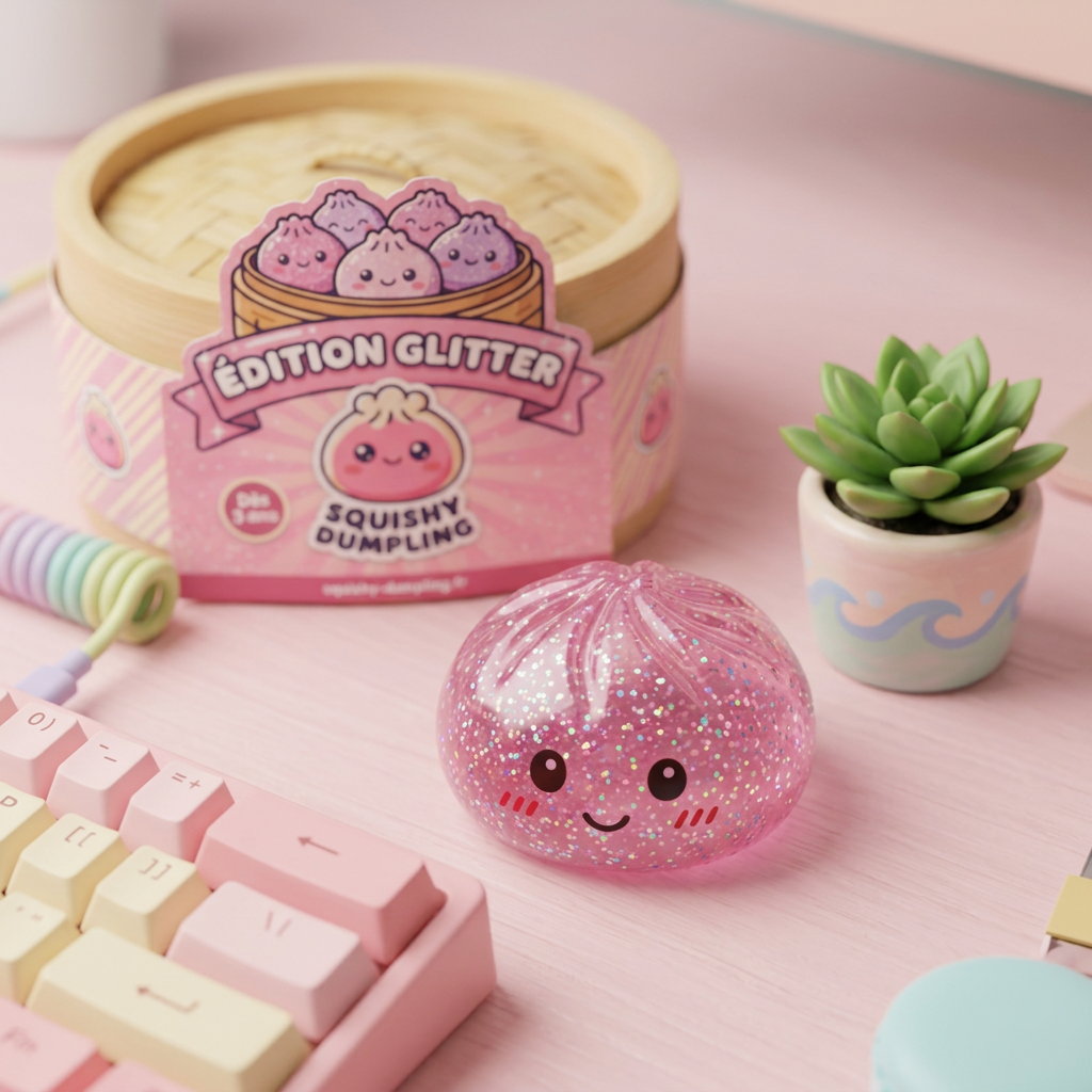 Glitter Dumpling Squishy Rosa Kawaii i sin kawaii-miljö