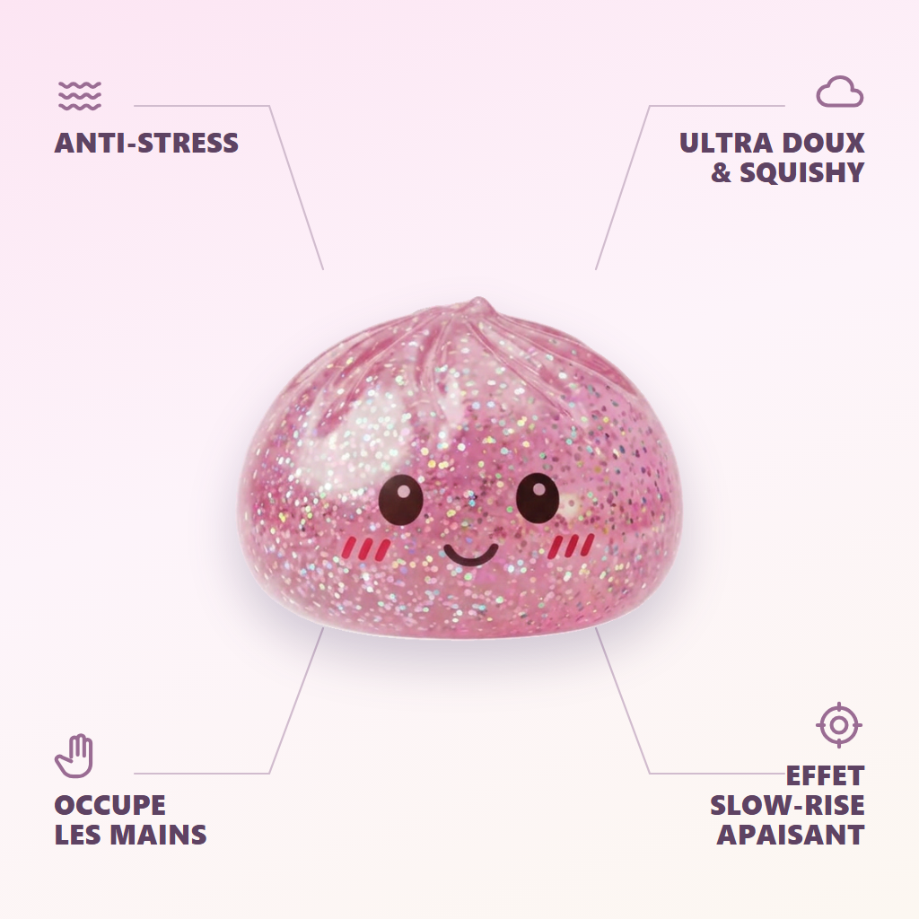 Glitter Dumpling Squishy Rosa Kawaii — dess fördelar