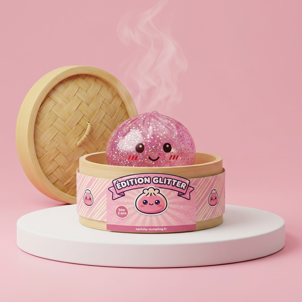 Glitter Dumpling Squishy Rosa Kawaii i sin bambu-ångkorg