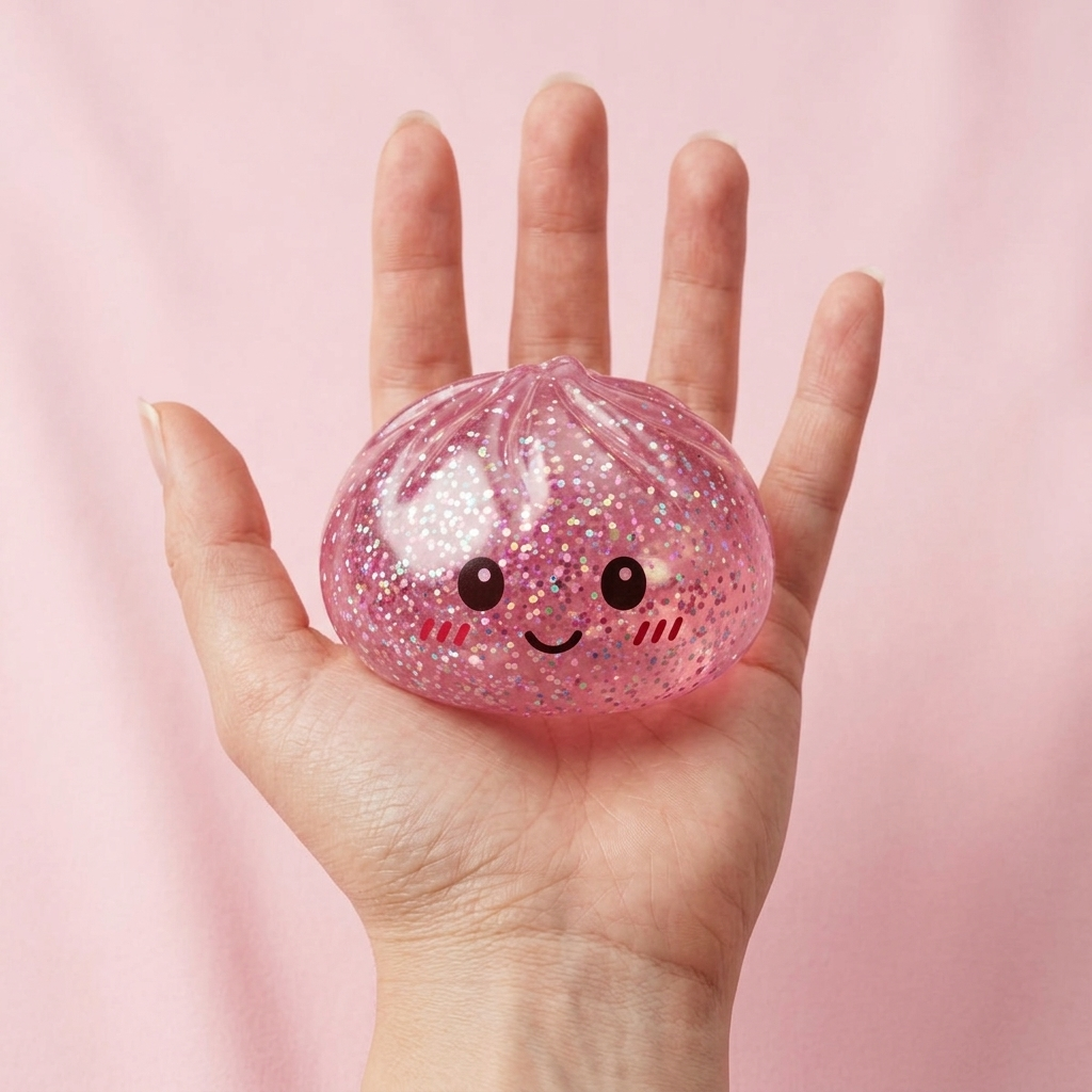 Glitter Dumpling Squishy Rosa Kawaii i handen, verklig storlek