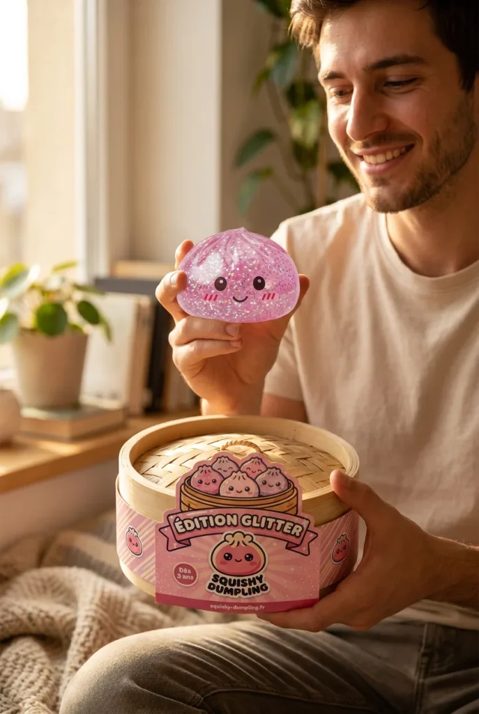 Glitter Dumpling Squishy Rosa Kawaii med sin ask
