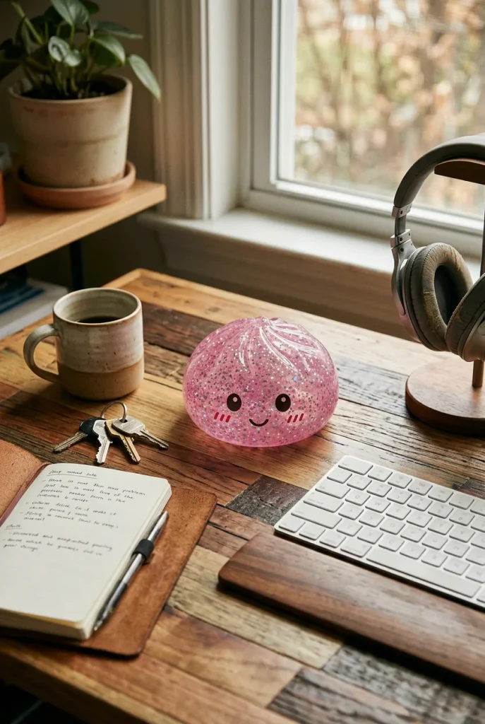 Glitter Dumpling Squishy Rosa Kawaii på skrivbordet