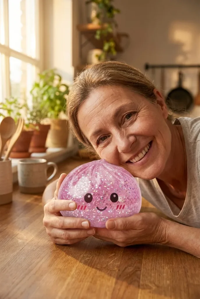 Glitter Dumpling Squishy Rosa Kawaii i vardagen