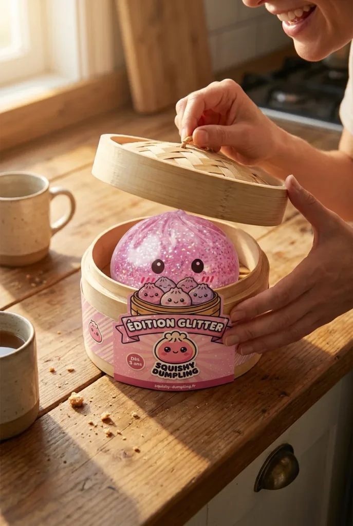 Glitter Dumpling Squishy Rosa Kawaii i unboxing-ögonblicket