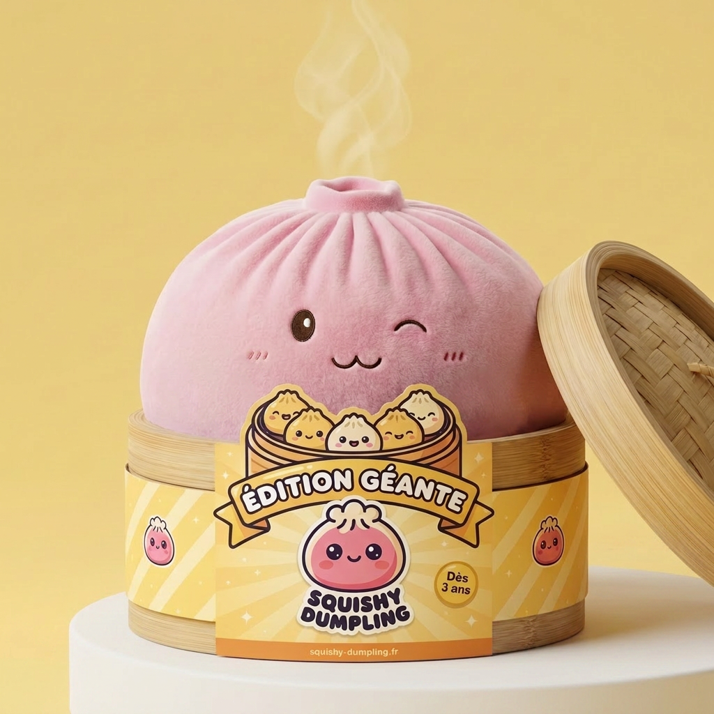 Squishy Dumpling Toy XXL Rosa i sin bambu-ångkorg