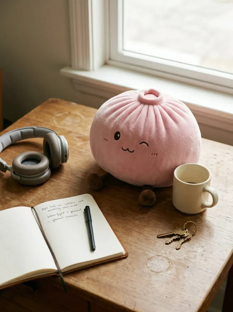 Squishy Dumpling Toy XXL Rosa på skrivbordet