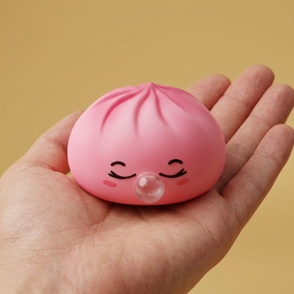 Dumpling Squishy Rare Blow Rosa i handen, verklig storlek