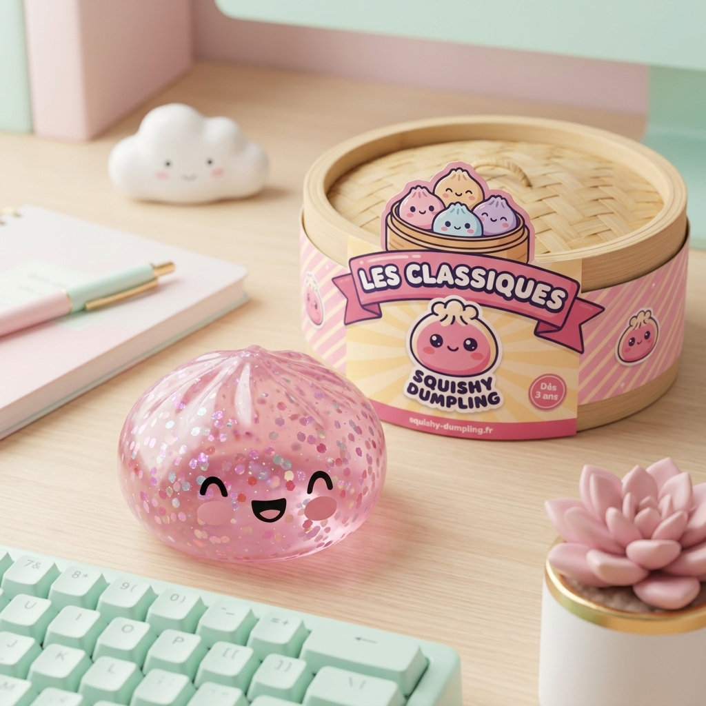 Dumpling Squishy Rose Sparkle Glitter i sin kawaii-miljö