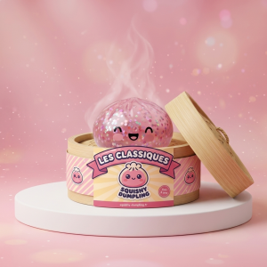 Dumpling Squishy Rose Sparkle Glitter i sin bambu-ångkorg
