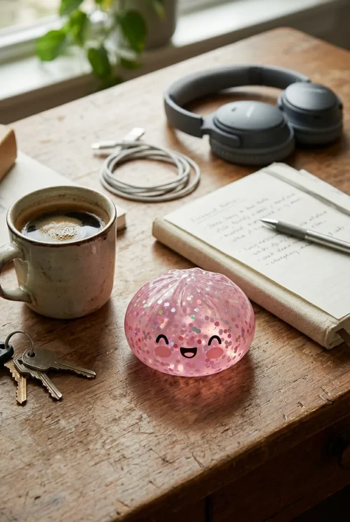 Dumpling Squishy Rose Sparkle Glitter på skrivbordet