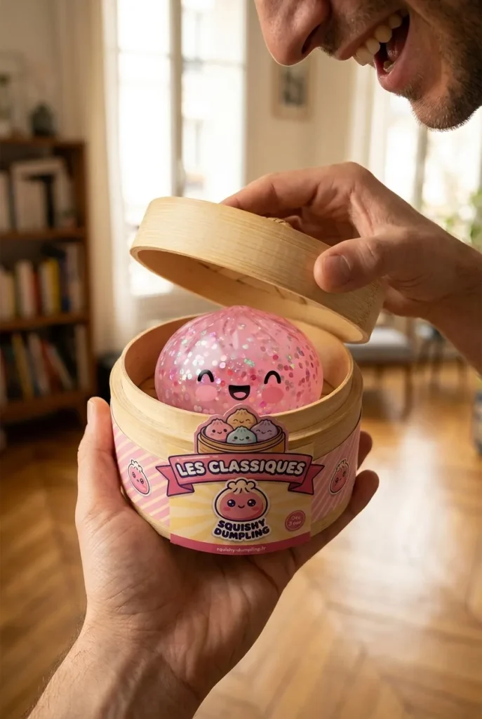Dumpling Squishy Rose Sparkle Glitter i unboxing-ögonblicket