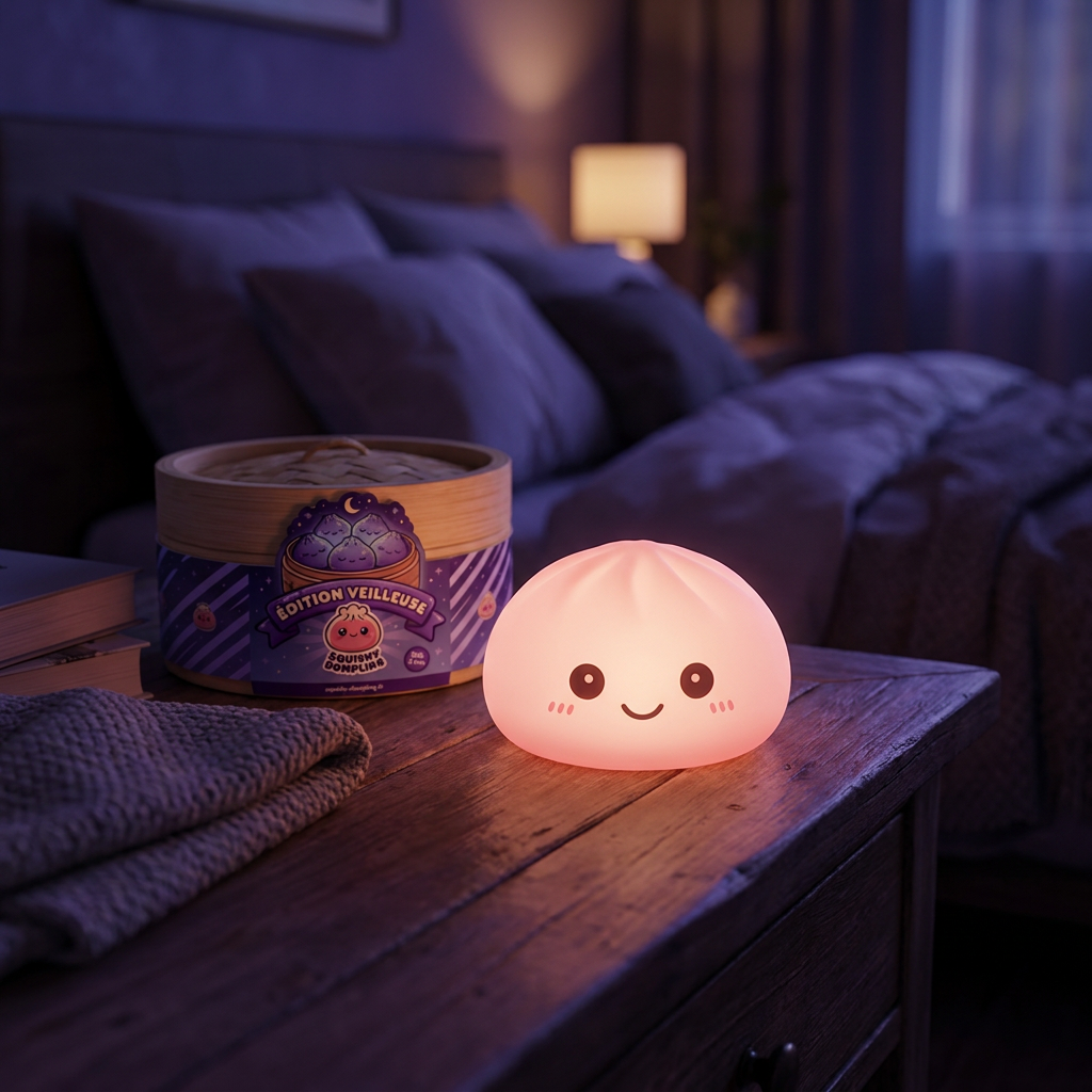 Dumpling Squishy Nattlampa Rosa i sin kawaii-miljö