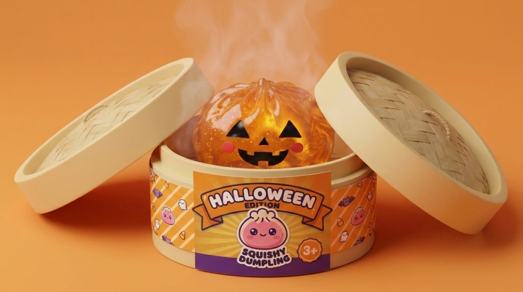 Pumpkin Halloween Dumpling Squishy Glöd i sin bambu-ångkorg