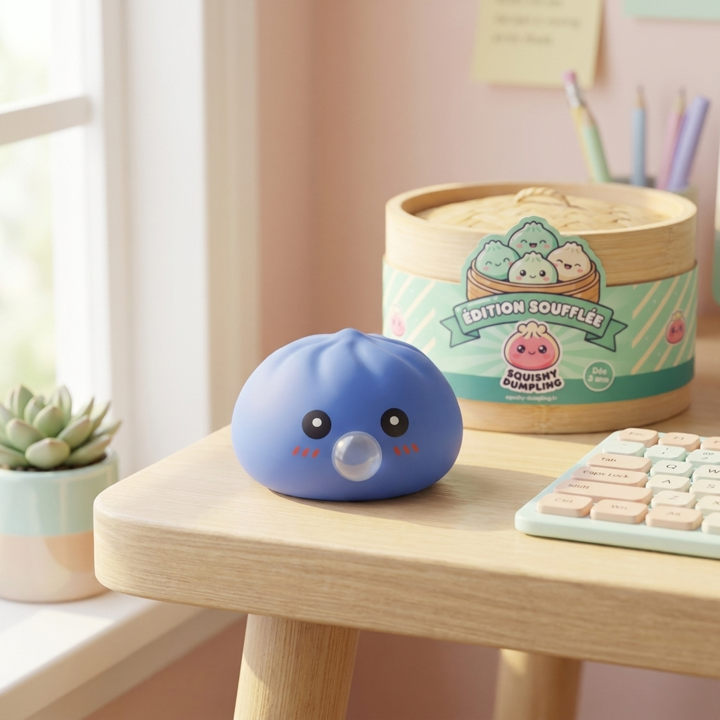 Dumpling Squishy Puffig Lila i sin kawaii-miljö