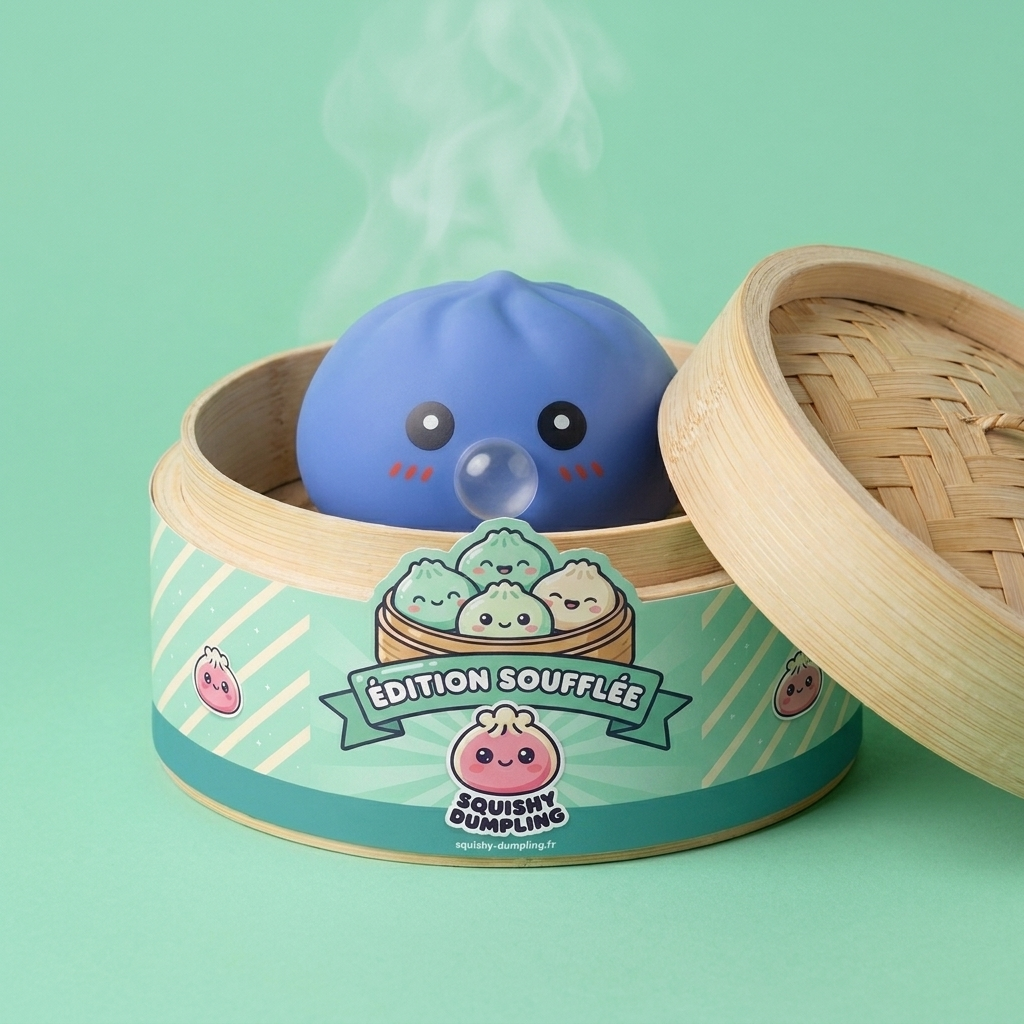 Dumpling Squishy Puffig Lila i sin bambu-ångkorg
