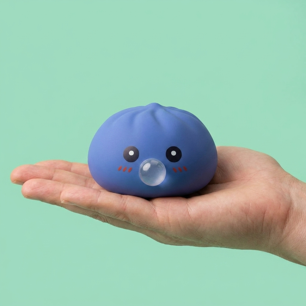 Dumpling Squishy Puffig Lila i handen, verklig storlek