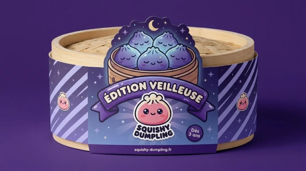 Dumpling Squishy Puffig Lila med en gosedjursvän
