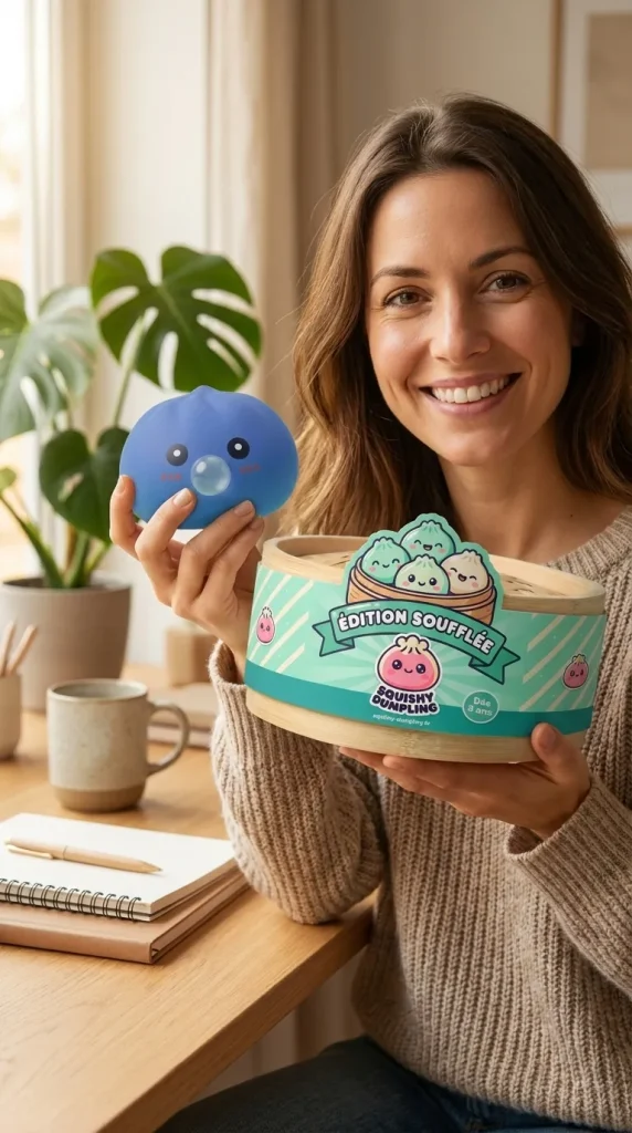 Dumpling Squishy Puffig Lila med sin ask
