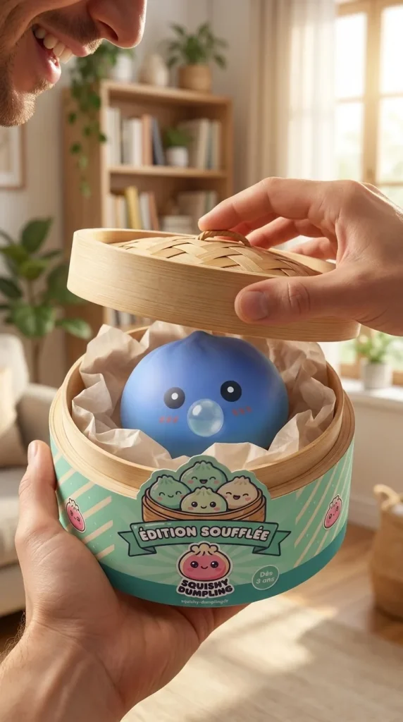 Dumpling Squishy Puffig Lila i unboxing-ögonblicket