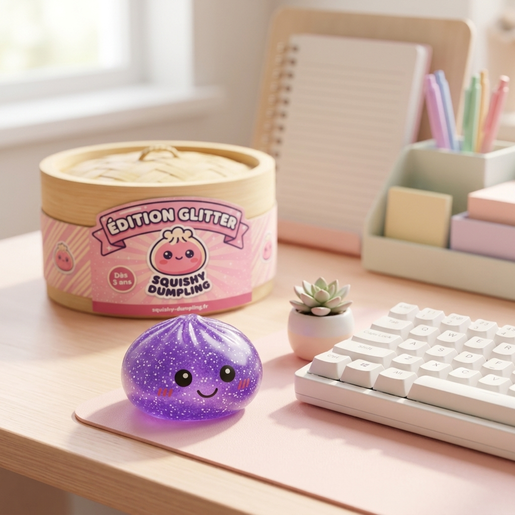 Glitter Dumpling Squishy Lila Dröm i sin kawaii-miljö