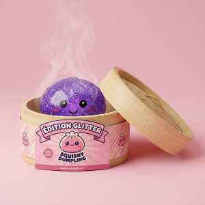 Glitter Dumpling Squishy Lila Dröm i sin bambu-ångkorg