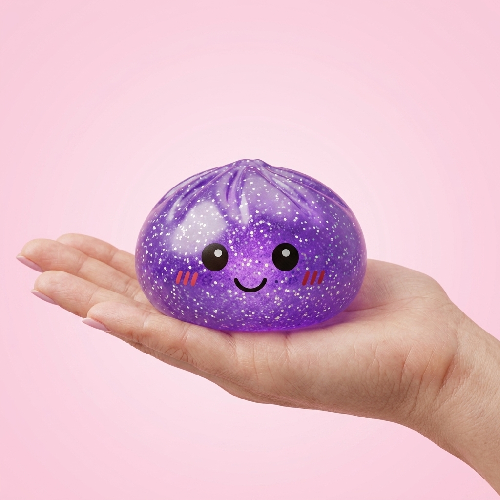 Glitter Dumpling Squishy Lila Dröm i handen, verklig storlek