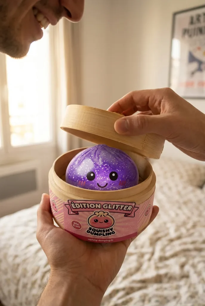 Glitter Dumpling Squishy Lila Dröm i unboxing-ögonblicket