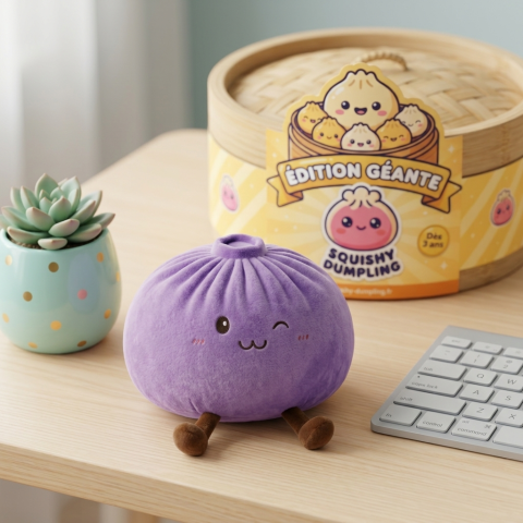 Dumpling Squishy Geant Lila XXL i sin kawaii-miljö