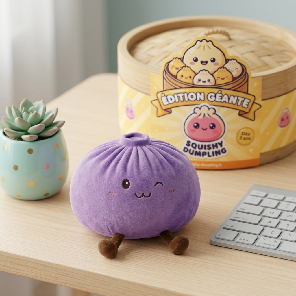 Dumpling Squishy Geant Lila XXL i sin kawaii-miljö