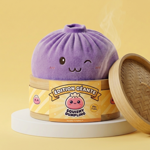 Dumpling Squishy Geant Lila XXL i sin bambu-ångkorg