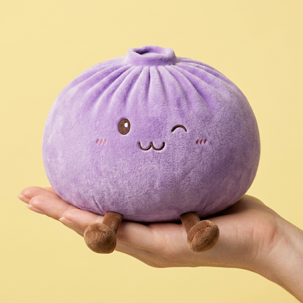 Dumpling Squishy Geant Lila XXL i handen, verklig storlek
