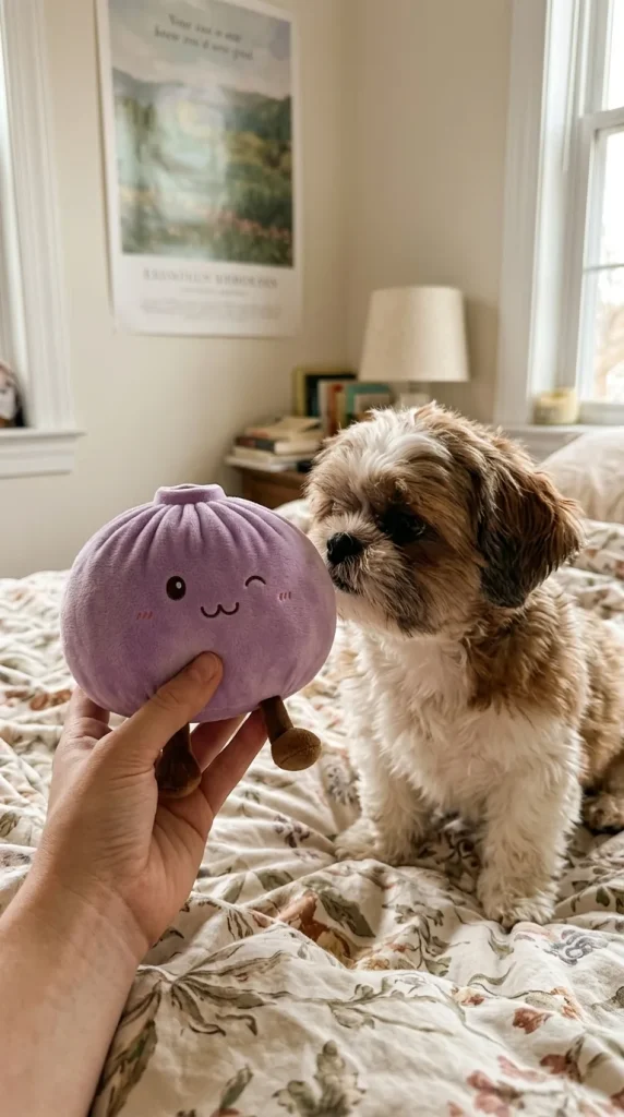 Dumpling Squishy Geant Lila XXL med en gosedjursvän