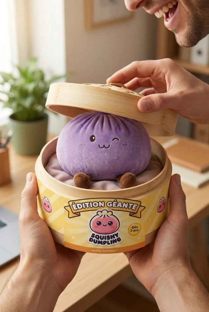 Dumpling Squishy Geant Lila XXL i unboxing-ögonblicket