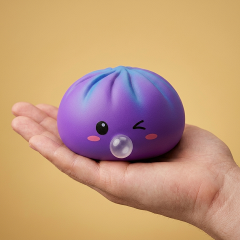 Dumpling Squishy Purple Rare Blow Kosmisk i handen, verklig storlek