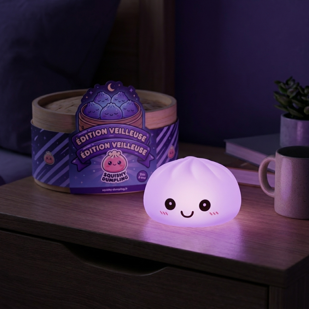 Dumpling Squishy Nattlampa Lila i sin kawaii-miljö
