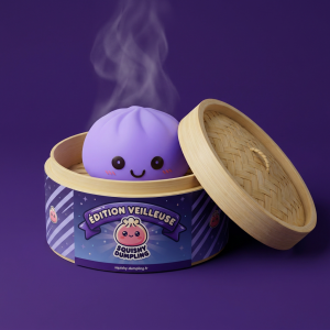 Dumpling Squishy Nattlampa Lila i sin bambu-ångkorg