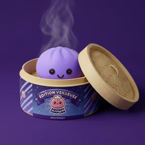 Dumpling Squishy Nattlampa Lila i sin bambu-ångkorg