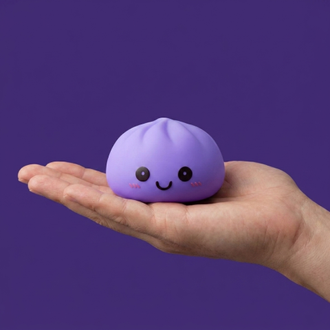 Dumpling Squishy Nattlampa Lila i handen, verklig storlek