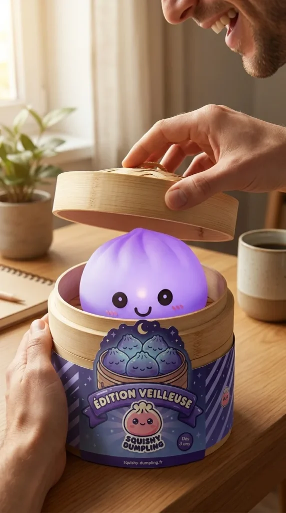 Dumpling Squishy Nattlampa Lila i unboxing-ögonblicket