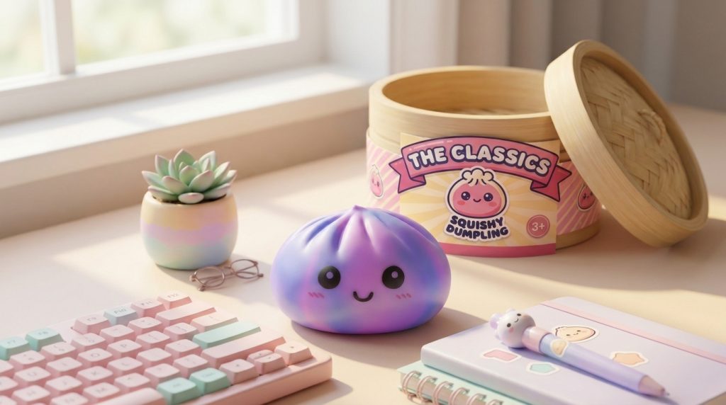 Tie-Dye Dumpling Squishy Violet i sin kawaii-miljö