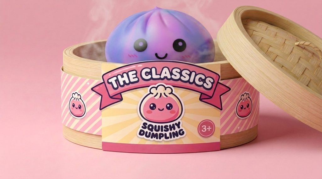 Tie-Dye Dumpling Squishy Violet i sin bambu-ångkorg
