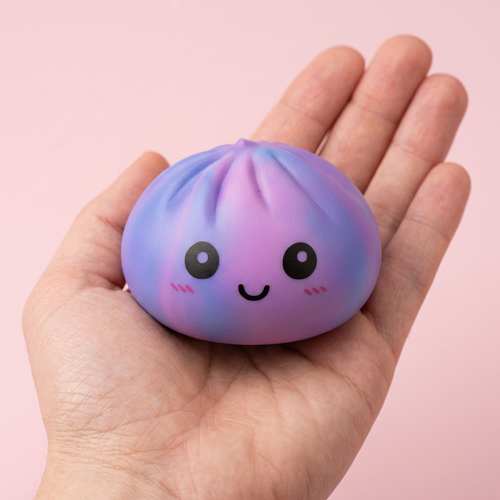 Tie-Dye Dumpling Squishy Violet i handen, verklig storlek