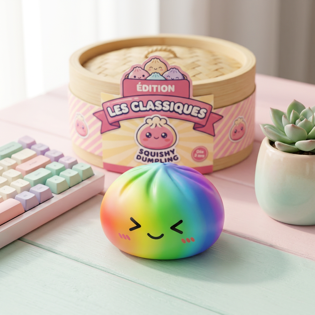 Rainbow Dumpling Squishy i Regnbågsfärger i sin kawaii-miljö