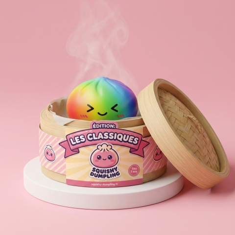 Rainbow Dumpling Squishy i Regnbågsfärger i sin bambu-ångkorg
