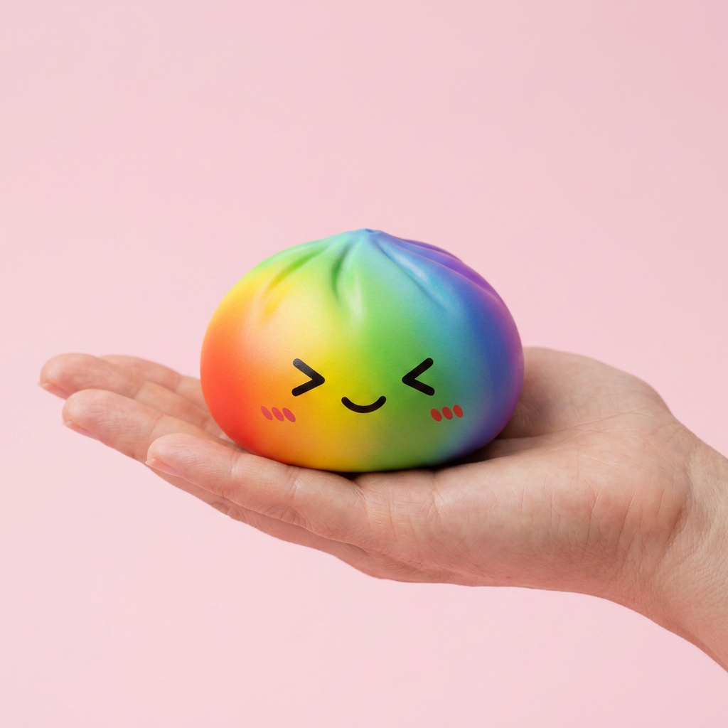 Rainbow Dumpling Squishy i Regnbågsfärger i handen, verklig storlek