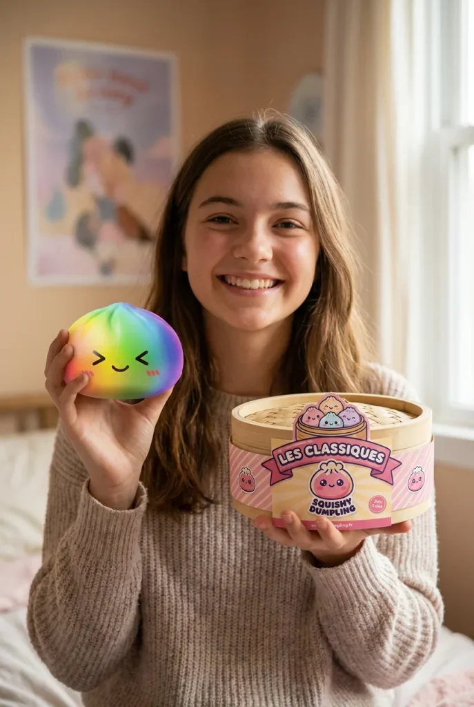 Rainbow Dumpling Squishy i Regnbågsfärger med sin ask