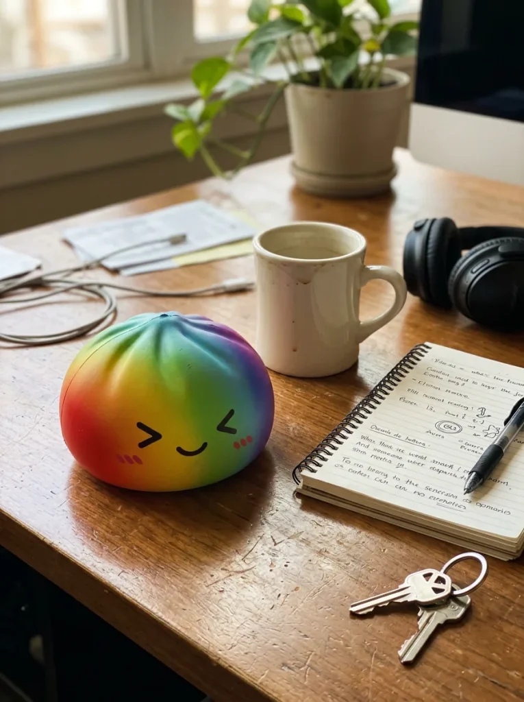 Rainbow Dumpling Squishy i Regnbågsfärger på skrivbordet