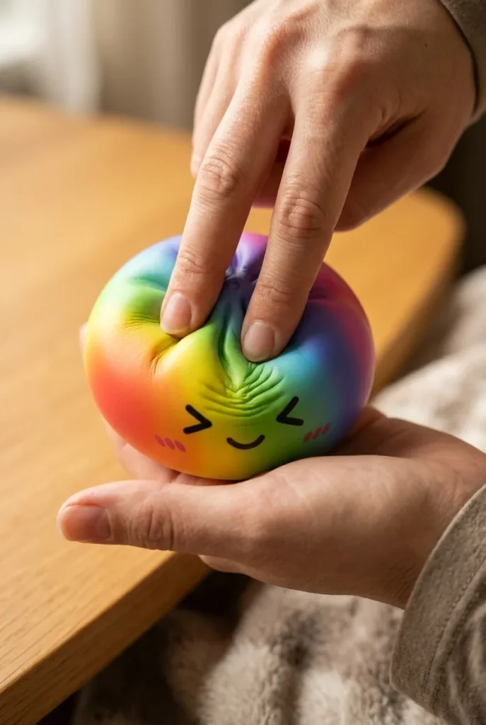 Rainbow Dumpling Squishy i Regnbågsfärger mitt i klämmet