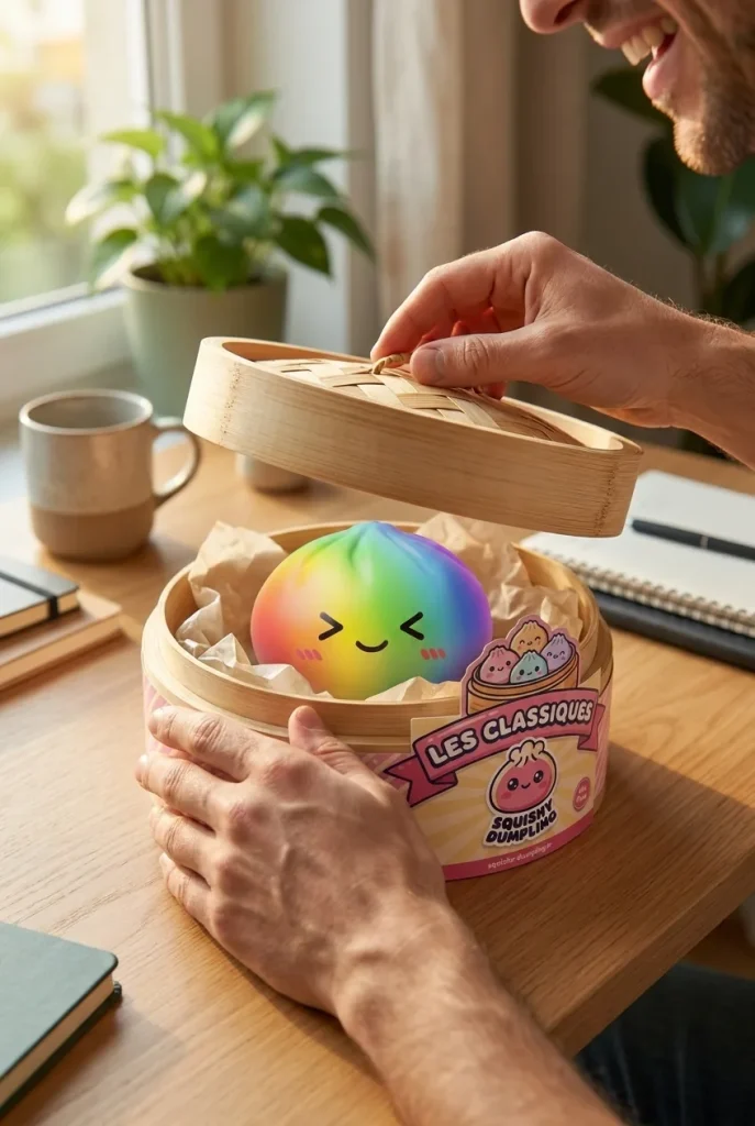 Rainbow Dumpling Squishy i Regnbågsfärger i unboxing-ögonblicket