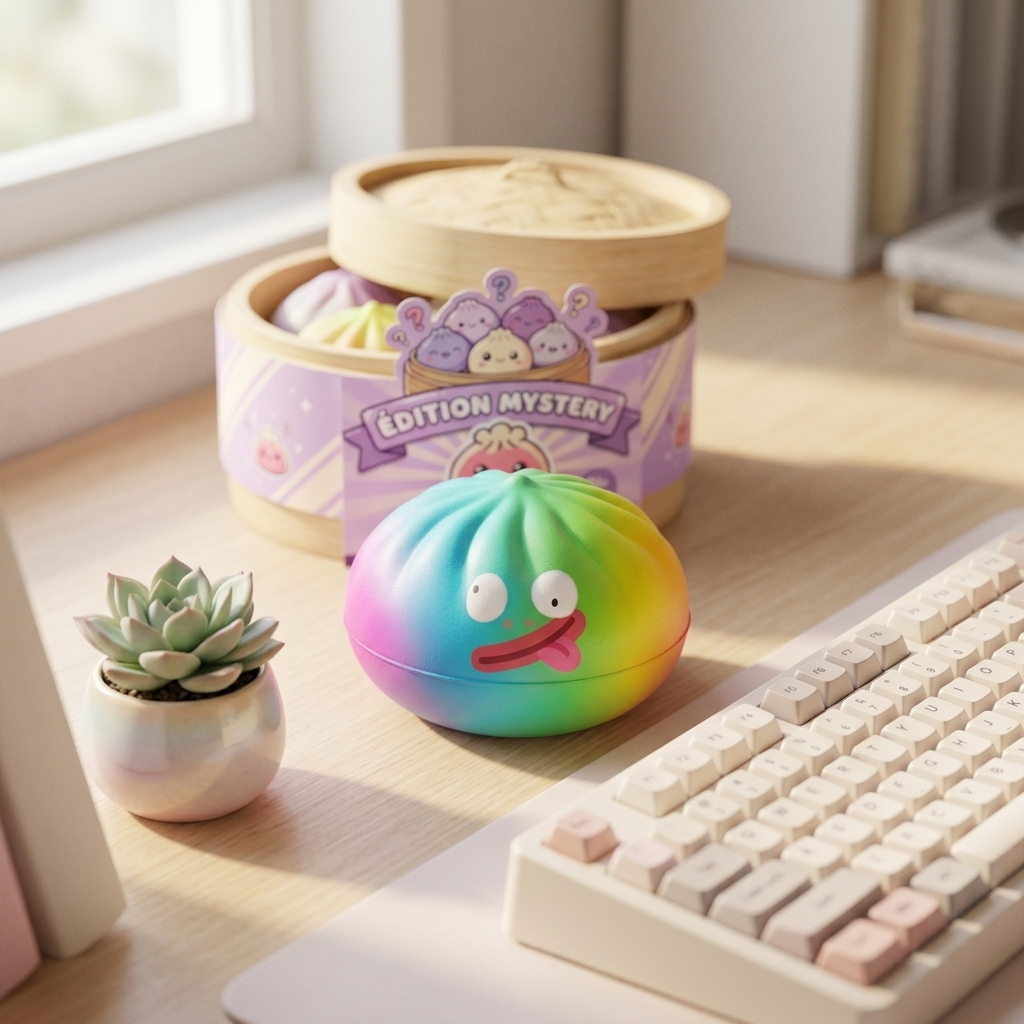 Rainbow Mystery Dumplings Squishy Regnbågsupplaga i sin kawaii-miljö